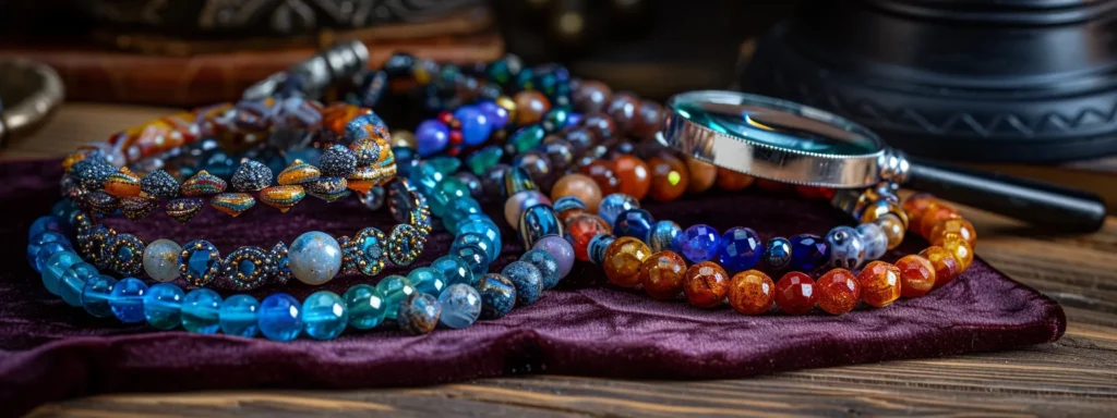 a collection of colorful gemstone bracelets displayed on a velvet pad with a magnifying glass next to them.