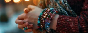 a close-up shot of a person wearing multiple gemstone bracelets on their wrist.