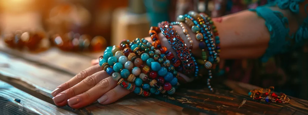 a woman displaying a variety of gemstone bracelets on a wooden table with soft lighting.