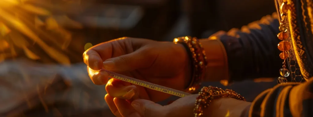 a person holding a measuring tape around their wrist for sizing a gemstone bracelet.