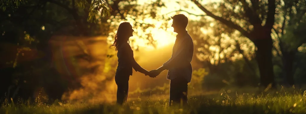 two people holding hands and smiling at each other in a peaceful setting.