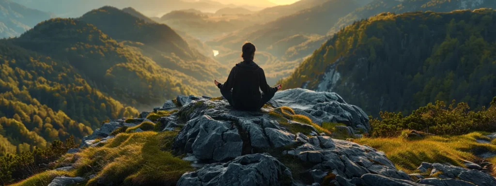 a person meditating on a peaceful mountaintop at sunrise, surrounded by nature.