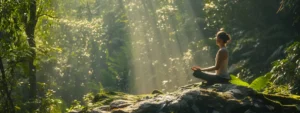 a person peacefully meditating in nature, surrounded by a lush green forest.