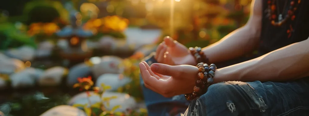 a person wearing a gemstone bracelet with peaceful expression meditating in a serene garden.