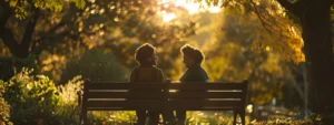 two individuals engaging in a deep conversation while sitting on a park bench.