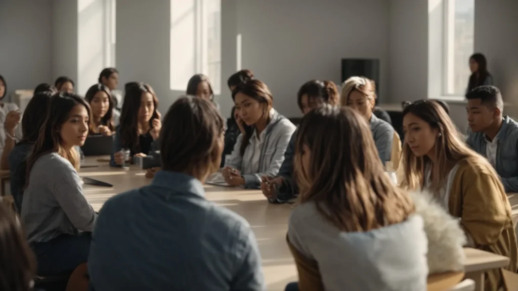 a group of people participating in a personal development workshop in a bright, modern classroom.