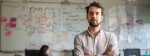 a man standing in front of a whiteboard with diagrams and notes scribbled on it, looking thoughtful and focused.