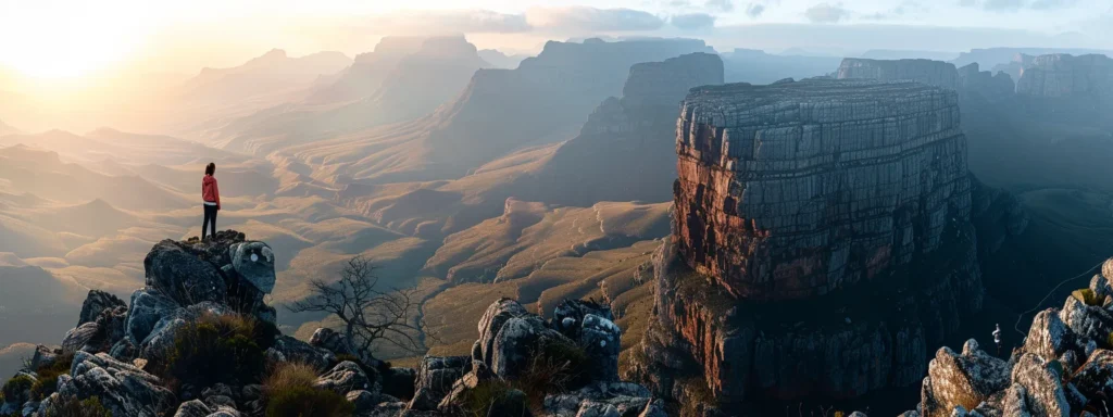 a person standing on top of a mountain looking out at a vast, inspiring landscape.