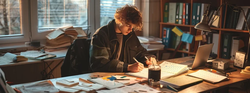 a focused individual sitting at a clutter-free desk, surrounded by motivational quotes and a calendar filled with completed tasks.