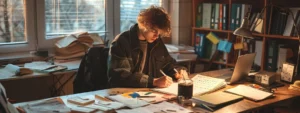 a focused individual sitting at a clutter-free desk, surrounded by motivational quotes and a calendar filled with completed tasks.