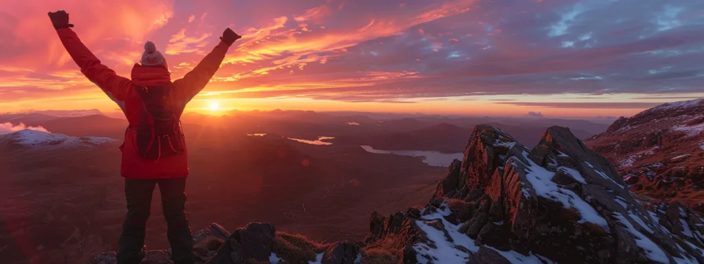 a smiling individual standing on top of a mountain, arms raised triumphantly under a vibrant sunset.