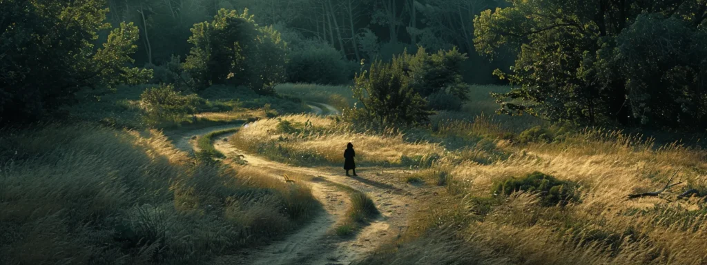 a person standing at a crossroads, with one path leading to a sunny meadow and the other to a dark, ominous forest, symbolizing the divergent outcomes of different thought patterns on decision making.