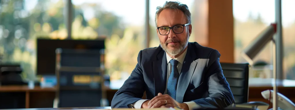 a determined business leader sits at a tidy desk, laser-focused on their work with a steely gaze and a clear sense of purpose.