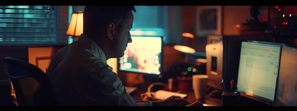 a focused individual intensely analyzing data on multiple computer screens in a dimly lit office, showcasing peak performance in professional life.