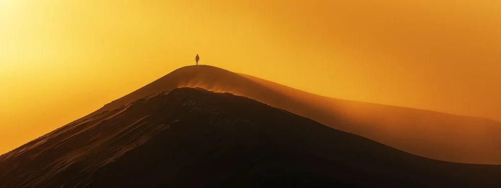 a lone figure standing triumphantly on the summit of a majestic mountain, basking in the golden glow of a sunrise.