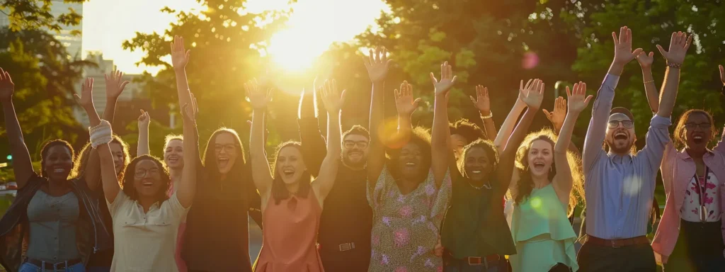 a group of diverse individuals standing confidently with arms raised in triumph at a beautiful outdoor setting, symbolizing empowerment and personal growth through psych-k certification programs.