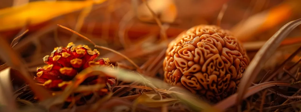 a close-up of a vibrant, intricate seventeen mukhi rudraksha bead resting on a bed of natural materials, exuding authenticity and spiritual energy.