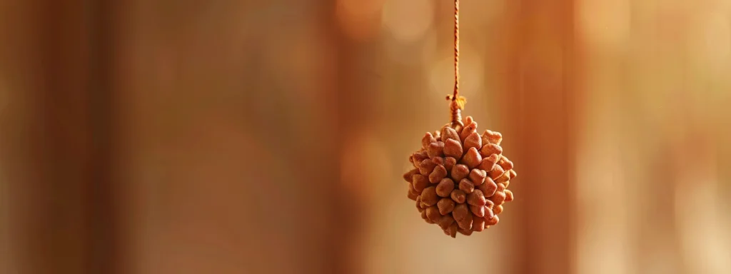 a close-up shot of a shiny, intricate nine mukhi rudraksha hanging against a soft, earthy-colored background.