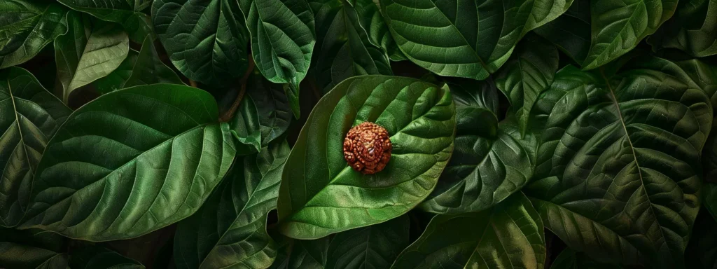 a close-up shot of a glowing one mukhi rudraksha bead resting on a bed of vibrant green leaves.