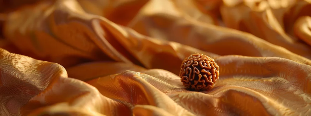 a close-up photo of a large, smooth, single-faced rudraksha bead resting on a bed of golden silk, exuding a sense of purity and spirituality.