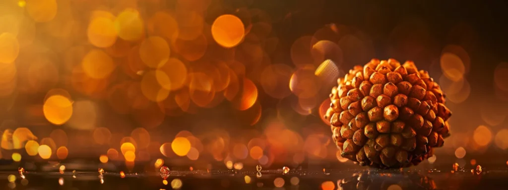 a close-up of a sparkling, intricate sixteen mukhi rudraksha bead set against a dark, mysterious background.