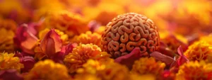 a close-up of a mystical, intricately patterned rudraksha bead resting on a bed of vibrant marigold petals.