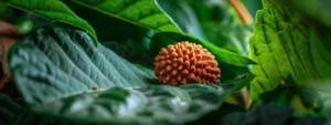 a close-up of a shimmering, single mukhi rudraksha bead resting on a bed of vibrant green leaves.