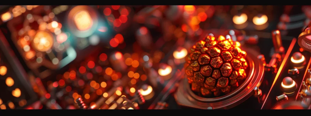 a close-up of a shimmering twelve mukhi rudraksha bead surrounded by glowing scientific instruments and computer screens.