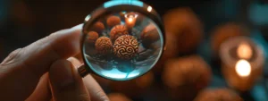 a close-up shot of a hand holding a magnifying glass over a smooth, round fourteen mukhi rudraksha bead for inspection.