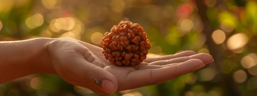 a close-up photo of a hand holding a shimmering, large fifteen mukhi rudraksha bead against a natural, earthy background.