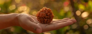 a close-up photo of a hand holding a shimmering, large fifteen mukhi rudraksha bead against a natural, earthy background.