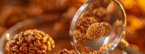 a close-up photo of a magnifying glass examining the details of an eleven mukhi rudraksha bead.