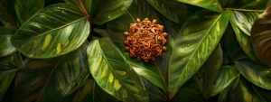 a close-up of a large, intricately patterned twelve mukhi rudraksha pendant resting on a bed of vibrant green leaves.