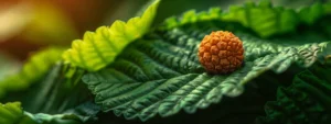 a close-up shot of a shimmering fifteen mukhi rudraksha bead resting on a bed of vibrant green leaves, showcasing its ancient origins and natural beauty.