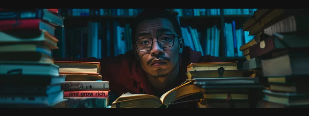 a focused individual surrounded by stacks of books with a determined expression, embodying the principles of "think and grow rich" to drive success.