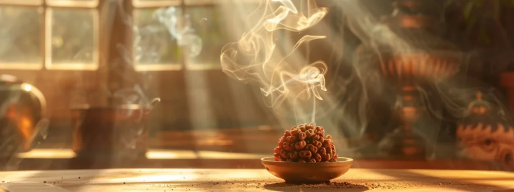 a glowing eighteen mukhi rudraksha suspended in a ray of sunlight, surrounded by fragrant incense smoke.