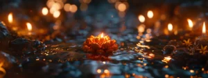 a glowing twelve-mukhi rudraksha immersed in a stream of sacred water, surrounded by flickering candlelight.