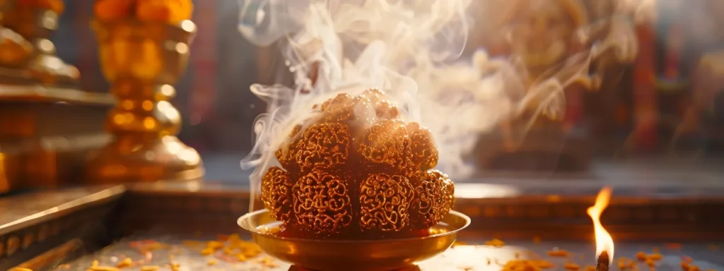 a glowing twenty mukhi rudraksha being anointed with holy oils and incense in a serene temple setting.