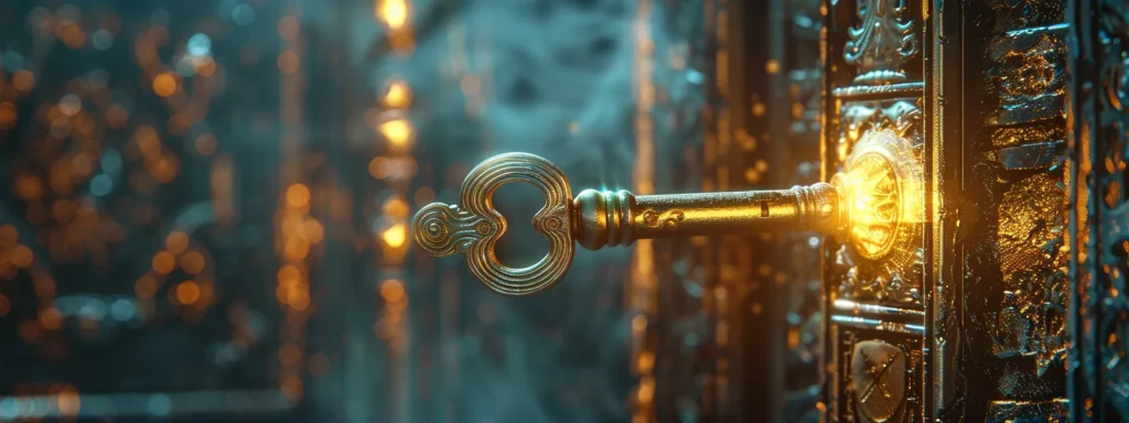 a golden key turning in a glowing, ornate lock, symbolizing unlocking financial wealth through napoleon hill's investment principles.