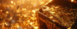 a golden key unlocking a treasure chest overflowing with money.