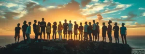 a group of diverse individuals standing together on a cliff overlooking a vast, open expanse, symbolizing unlocking their full potential with advanced psych-k workshops.