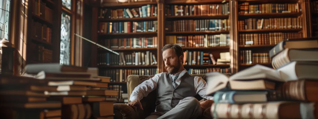 a man sitting in a luxurious library surrounded by stacks of books on wealth and success, looking contemplative and focused.