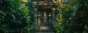 a mystical, ancient temple surrounded by lush greenery with an eight mukhi rudraksha prominently displayed in the center.