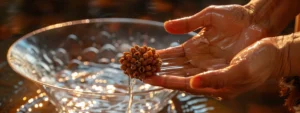 a pair of delicate hands gently washing a gleaming ten mukhi rudraksha bead in a clear bowl of purified water.