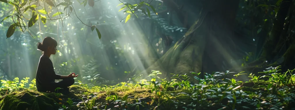 a person peacefully meditating in a lush, tranquil forest setting.