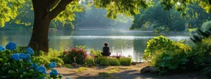 a person sits calmly by a peaceful lake, surrounded by lush green trees and vibrant flowers, practicing heartmath techniques for effective stress management.