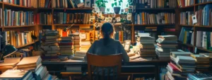 a person sitting at a desk surrounded by stacks of books and a vision board depicting goals and aspirations.