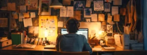 a person sitting at a tidy desk surrounded by motivational books and a vision board, deep in thought and ready to take on the day.