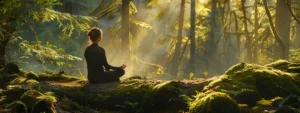 a person sitting calmly in a peaceful forest setting, practicing deep breathing and mindfulness techniques to regulate their emotions and reduce stress.