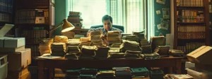 a person sitting confidently at a desk surrounded by stacks of money and financial books.